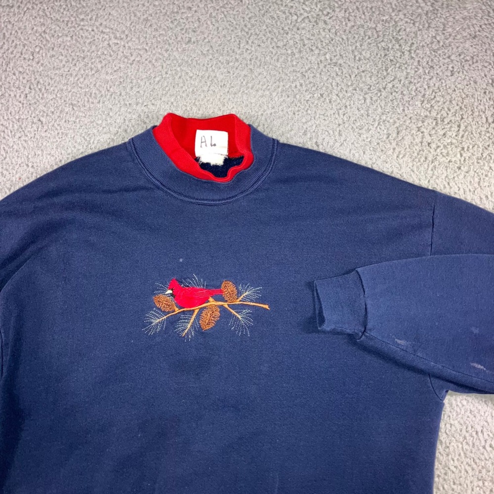 Vintage Cardinal Sweatshirt Women XL‎ 90s Embroidered Mock Neck Grandma Grunge
